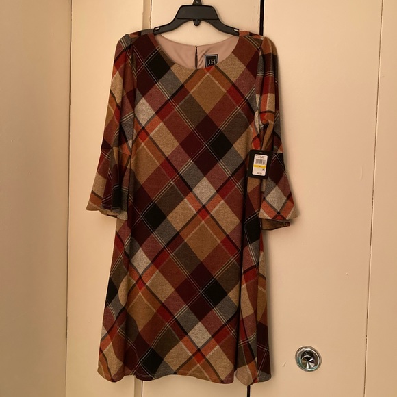 New JH Dress, Long Frill Sleeve, Red/Tan Plaid, Size M - Picture 1 of 6